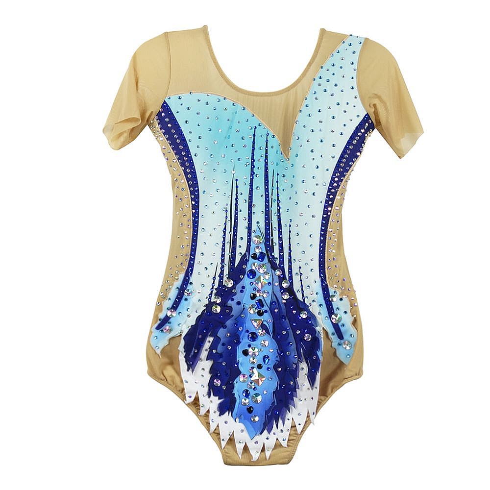LIUHUO Gymnastics Leotards Girls Handmade Short Sleeve Competition Dance Rhythmic Gymnastics Artistic Gymnastics Blue Pink