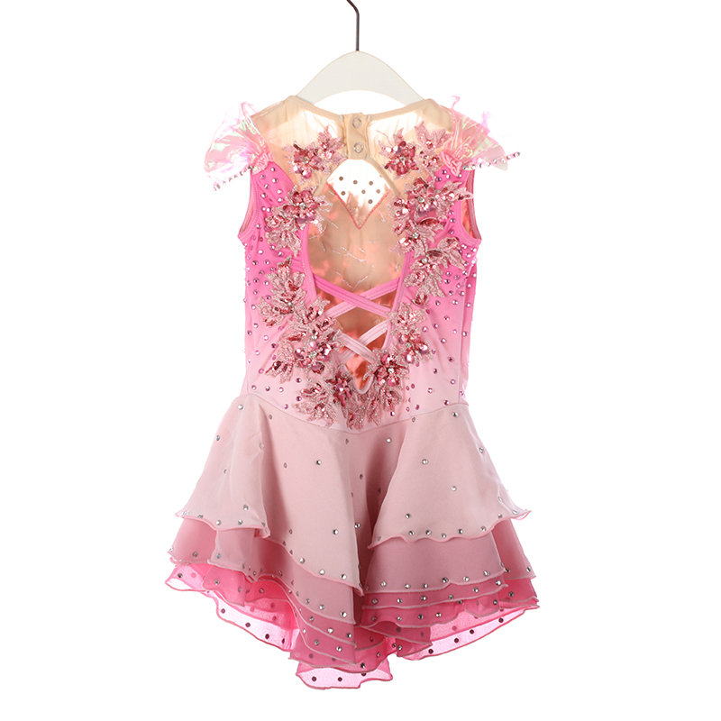 Women Girls Ice Figure Skating Dress Pink Gradient Stretchy Mesh High Elasticity Training Competition Skating Wear Handmade Crystal / Rhinestone Solid Color Long Sleeve Ice Skating