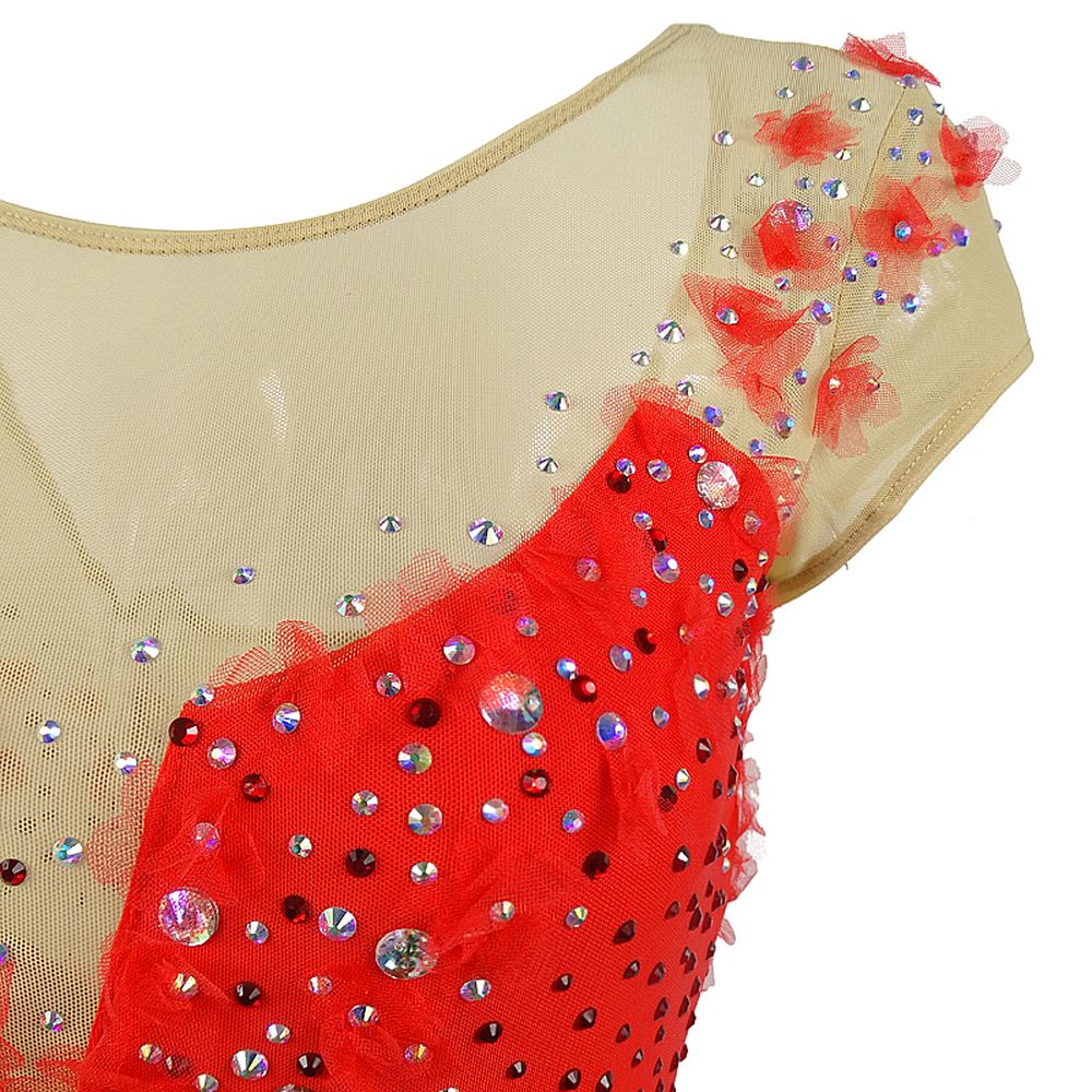 Figure Skating Dress Women's Girls' Ice Skating Dress Red Flowers Cross Spandex High Elasticity Training Competition Skating Wear Handmade Crystal / Rhinestone Gradient Color Long Sleeve Ice Skating