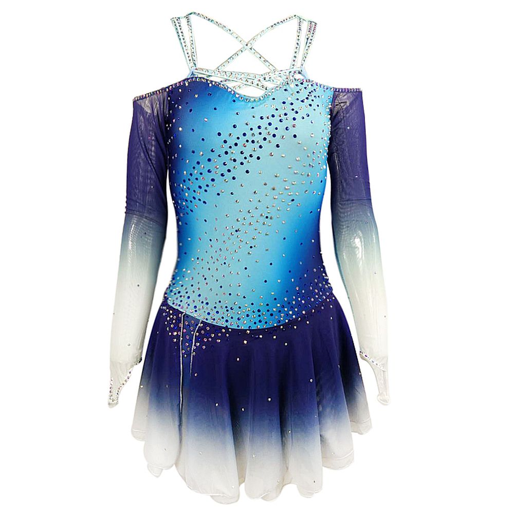 LIUHUO Ice Figure Skating Dance Dress Women's Blue Strips Fashion Training Competition Skating Wear Handmade Crystal / Rhinestone Solid Color Long Sleeve Ice Skating Costumes