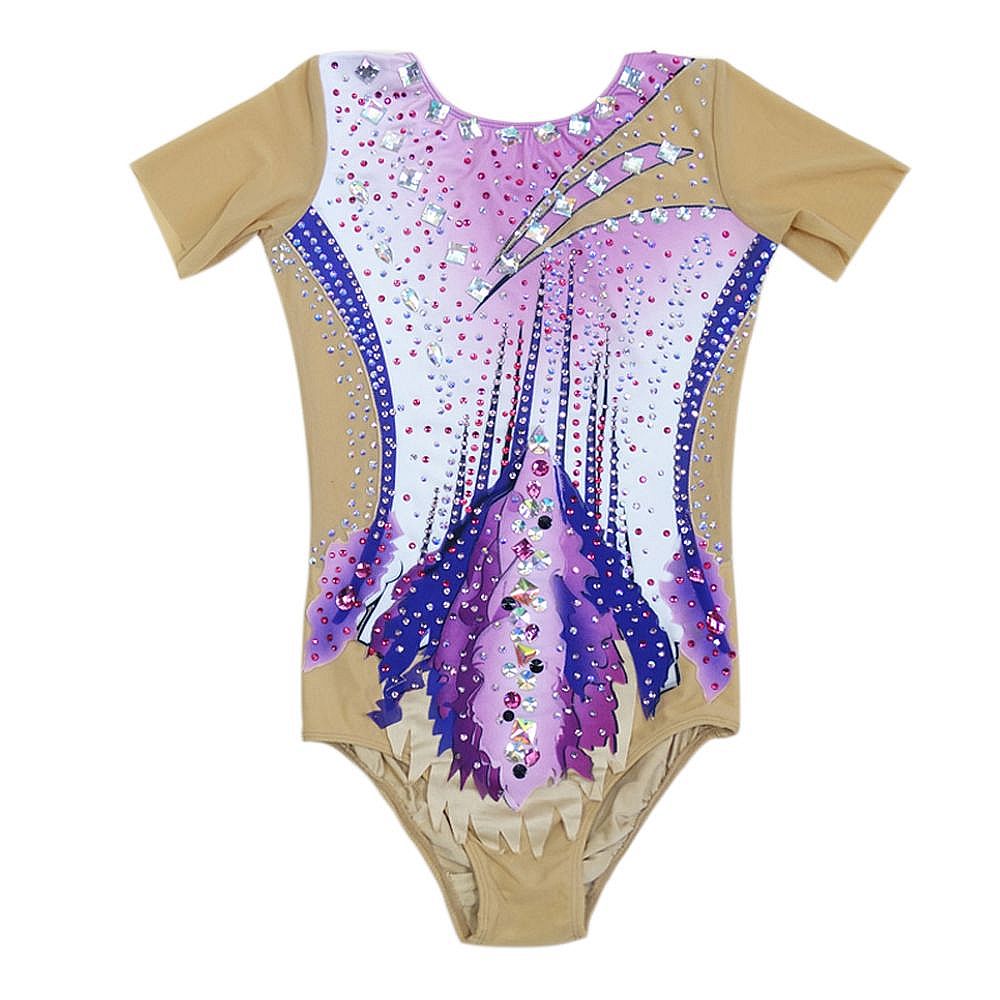 LIUHUO Gymnastics Leotards Girls Handmade Short Sleeve Competition Dance Rhythmic Gymnastics Artistic Gymnastics Blue Pink