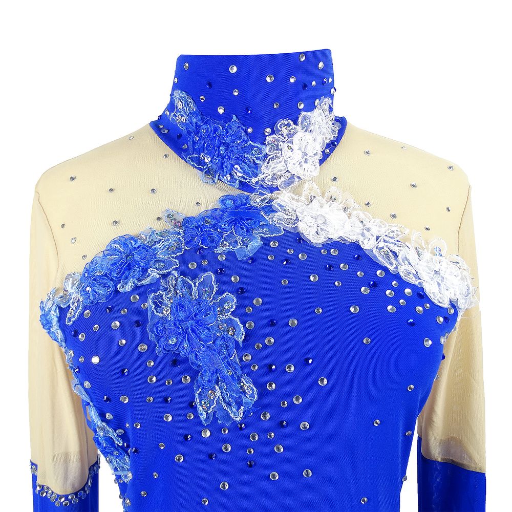 Figure Skating Dress Women's Girls' Ice Skating Skirt Blue Flowers Gradient Skirts High Elasticity Training Competition Skating Wear Multi Color Crystal / Rhinestone Long Sleeve Ice / Kids