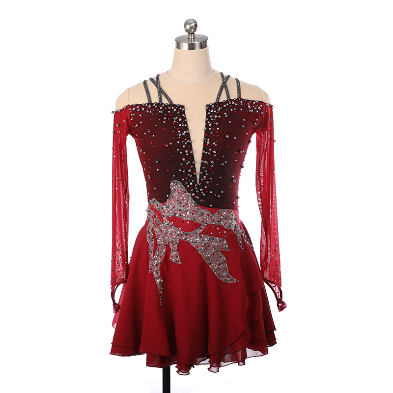 Figure Skating Dress Women's Girls' Ice Skating Dress Yellow Red Dark Purple Asymmetric Hem High Elasticity Competition Skating Wear Anatomic Design Handmade Classic Fashion Sleeveless Ice Skating