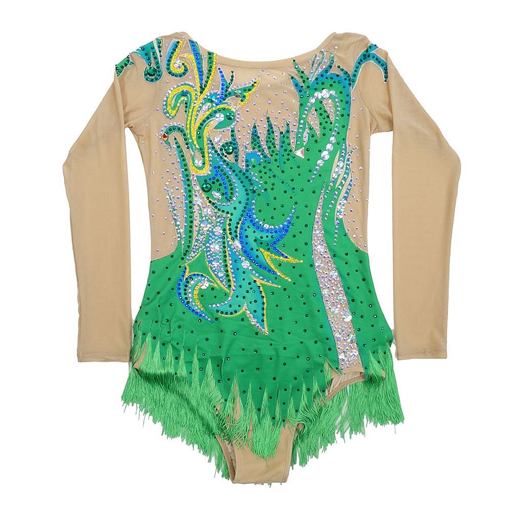 Women's Girls' Rhythmic Gymnastics Leotards Artistic Gymnastics Leotards Jeweled Green Spandex Dance Rhythmic Gymnastics Artistic Gymnastics Leotard Sleeveless Sport Activewear Handmade