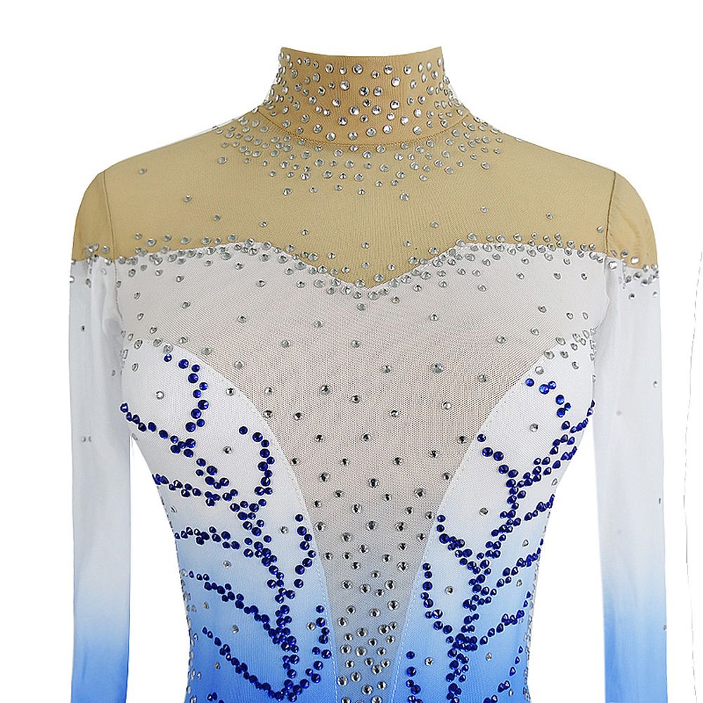 Ice Figure Skating Dress Children's Ice Skating Dress Blue Gradient Competition Skating Wear Breathable Solid Colored Long Sleeve Skating