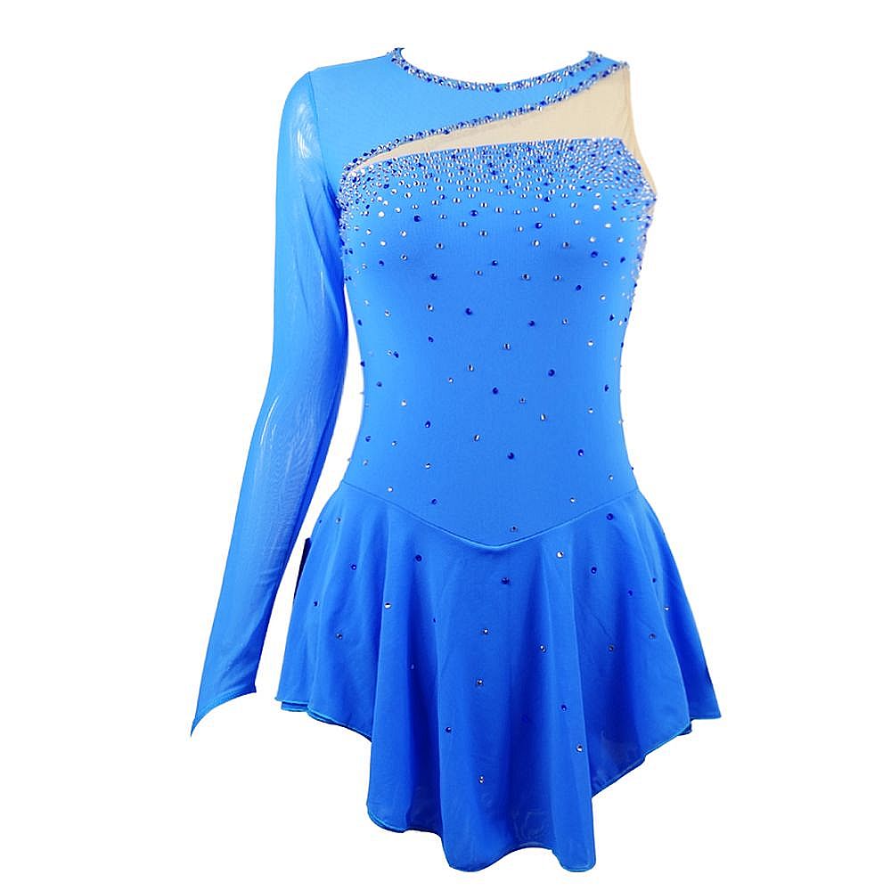 Ice Figure Skating Dress Children's Ice Skating Dress Blue Competition Skating Wear Breathable Solid Colored Long Sleeve Skating