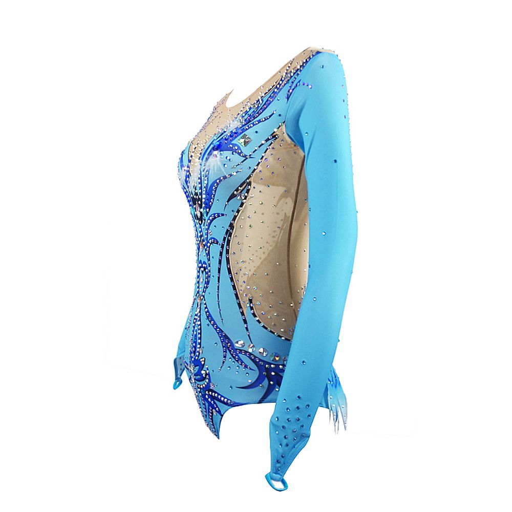 Women's Girls' Rhythmic Gymnastics Leotards Artistic Gymnastics Leotards Jeweled Light Blue Black Spandex Dance Rhythmic Gymnastics Artistic Gymnastics Leotard Sleeveless Sport Activewear Handmade