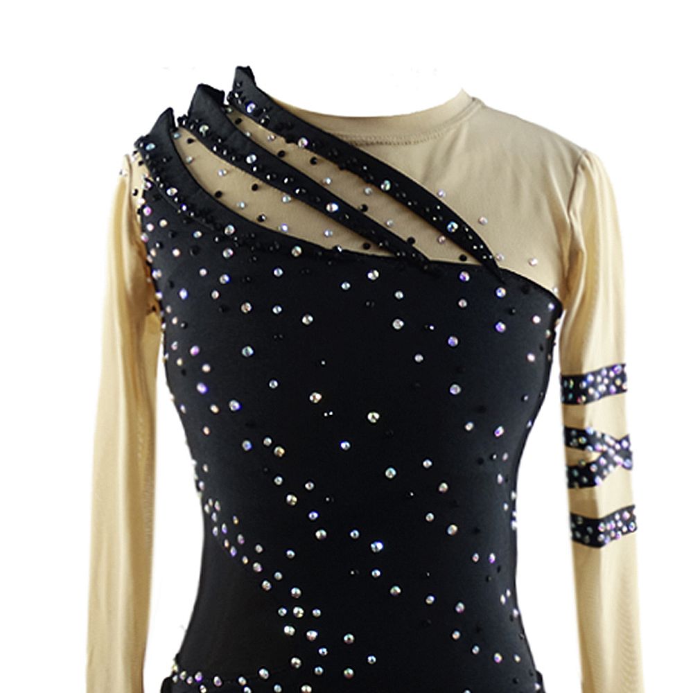 Women Girls Ice Figure Skating Dress Black Spandex Stretchy Mesh High Elasticity Training Competition Skating Wear Handmade Crystal / Rhinestone Solid Color Long Sleeve Ice Skating