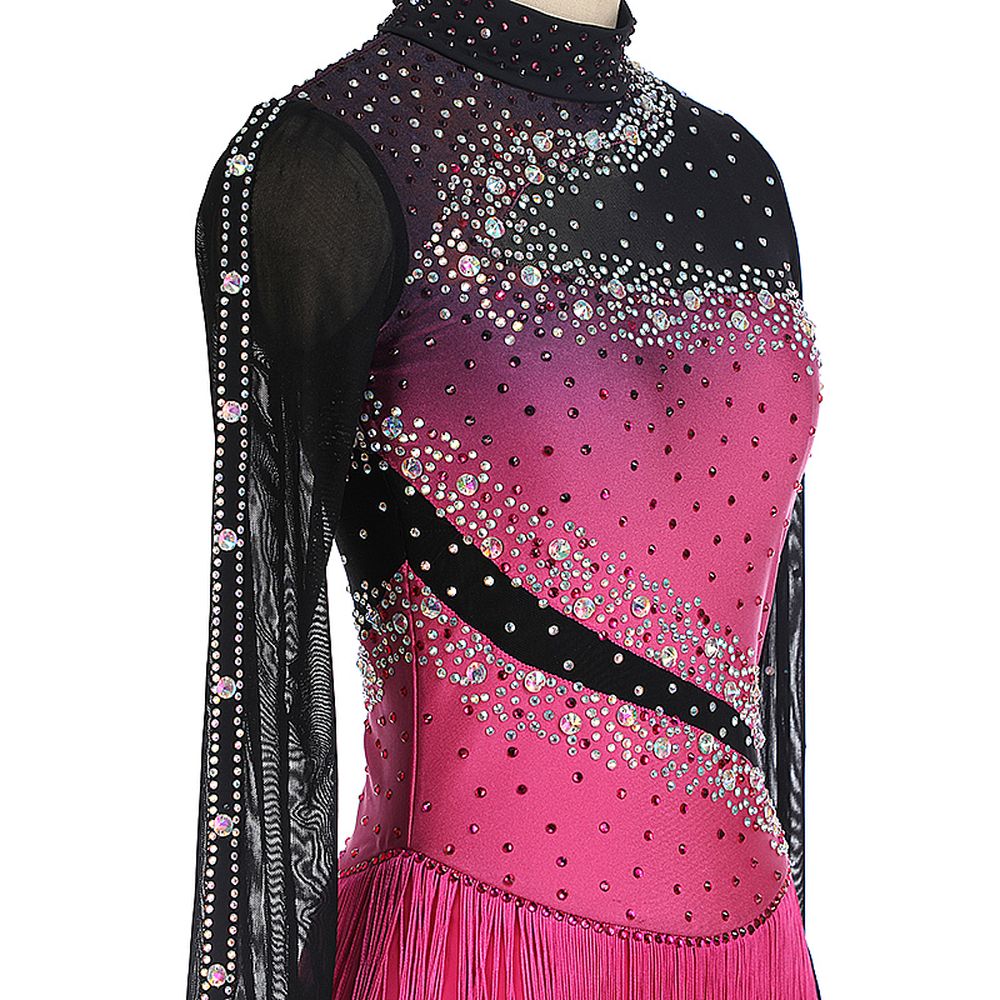 Women Girls Ice Figure Skating Dress Pink- Black Stretchy Mesh High Elasticity Training Competition Skating Wear Handmade Crystal / Rhinestone Solid Color Long Sleeve Ice Skating