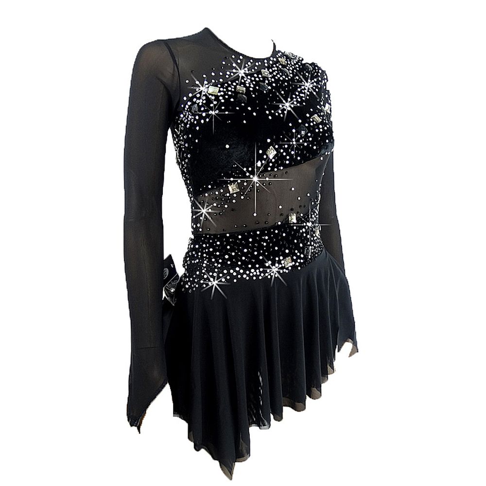 Women Girls Ice Figure Skating Dress Black Velvet Stretchy Mesh High Elasticity Training Competition Skating Wear Handmade Crystal / Rhinestone Solid Color Long Sleeve Ice Skating