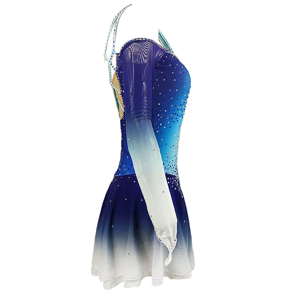 LIUHUO Ice Figure Skating Dance Dress Women's Blue Strips Fashion Training Competition Skating Wear Handmade Crystal / Rhinestone Solid Color Long Sleeve Ice Skating Costumes