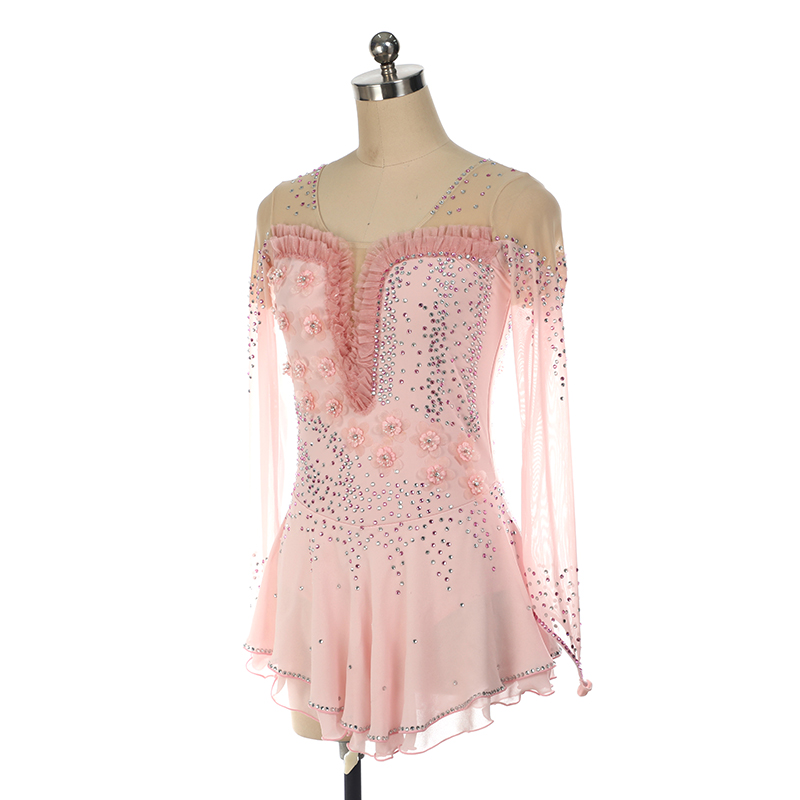 Figure Skating Dress Women Girls Stretchy Pink Spandex High Elasticity Competition Skating Wear Handmade Crystal/Rhinestone Solid Color Long Sleeve Ice Skating
