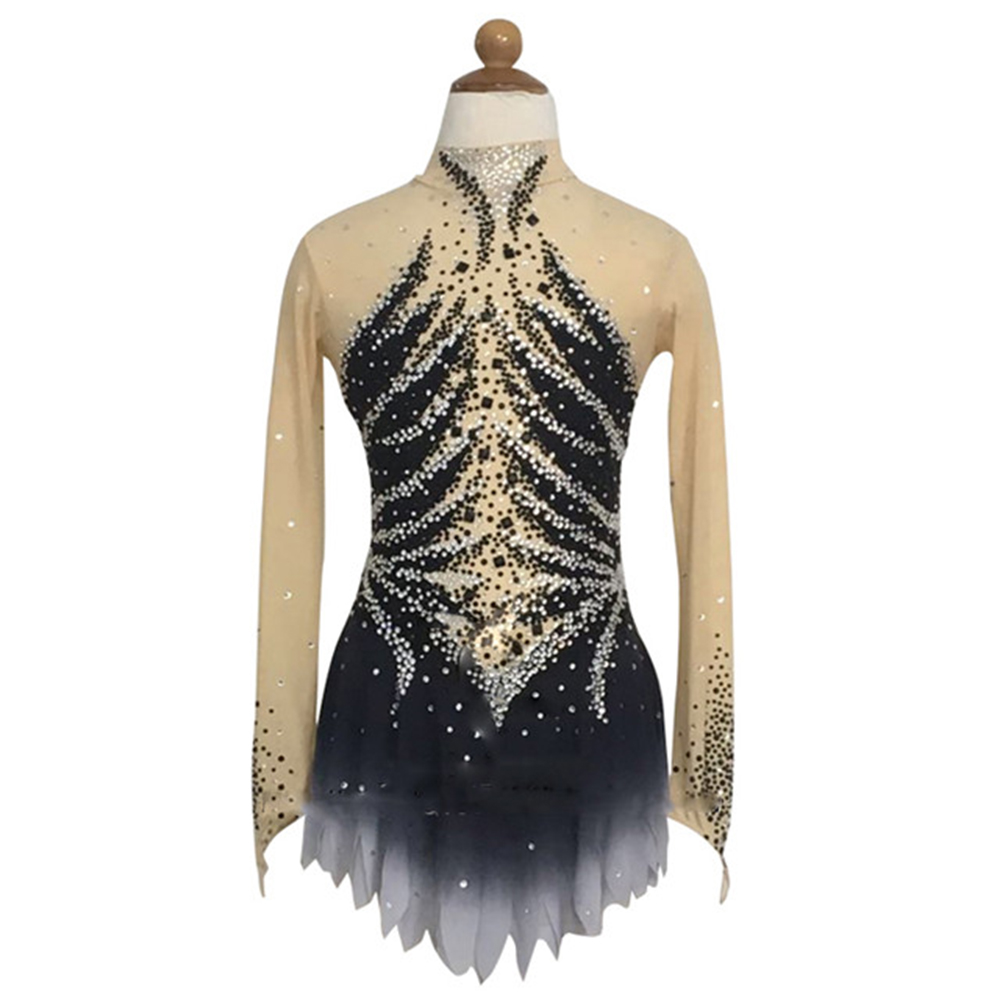 Handmade Figure Skating Dress Women's Girls' Ice Skating Dress Black Spandex High Elasticity Practice Competition Skating Wear Crystal / Rhinestone Long Sleeve Ice Skating Winter