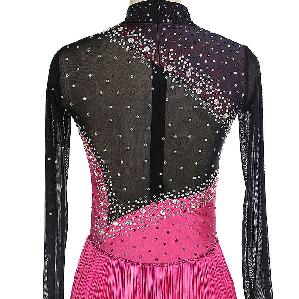Women Girls Ice Figure Skating Dress Pink- Black Stretchy Mesh High Elasticity Training Competition Skating Wear Handmade Crystal / Rhinestone Solid Color Long Sleeve Ice Skating