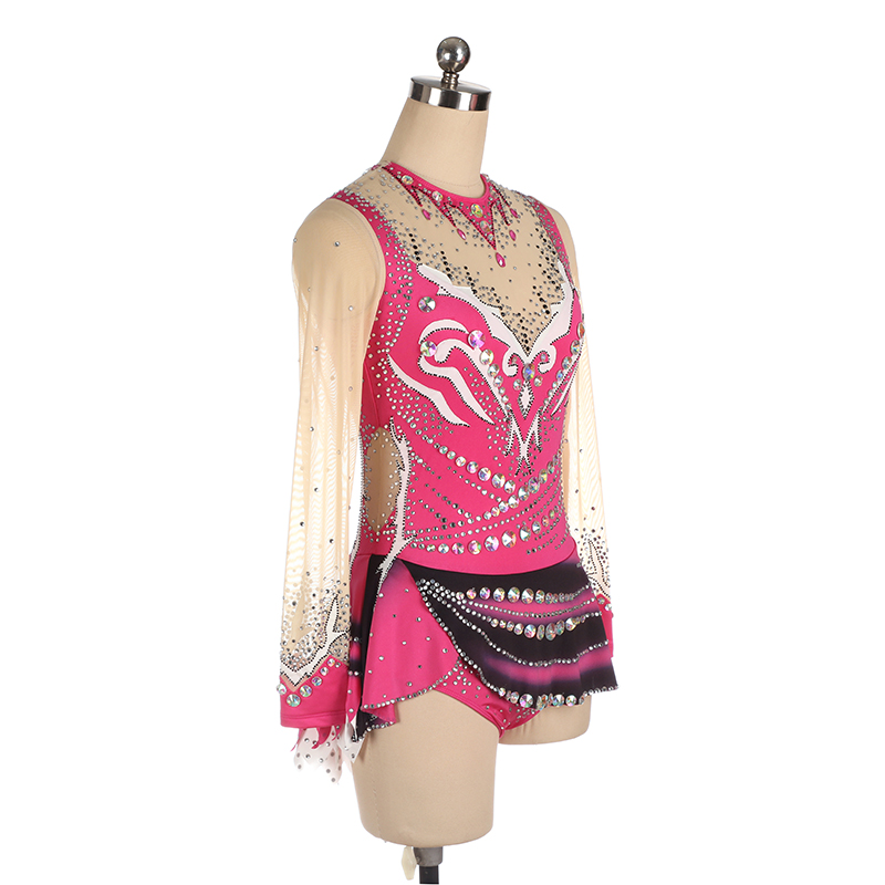 Ice Figure Skating Dress Women Girls Stretchy Pink Spandex High Elasticity Competition Skating Wear Handmade Crystal/Rhinestone Solid Color Long Sleeve Ice Skating