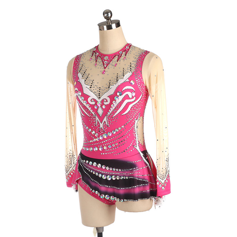 Ice Figure Skating Dress Women Girls Stretchy Pink Spandex High Elasticity Competition Skating Wear Handmade Crystal/Rhinestone Solid Color Long Sleeve Ice Skating