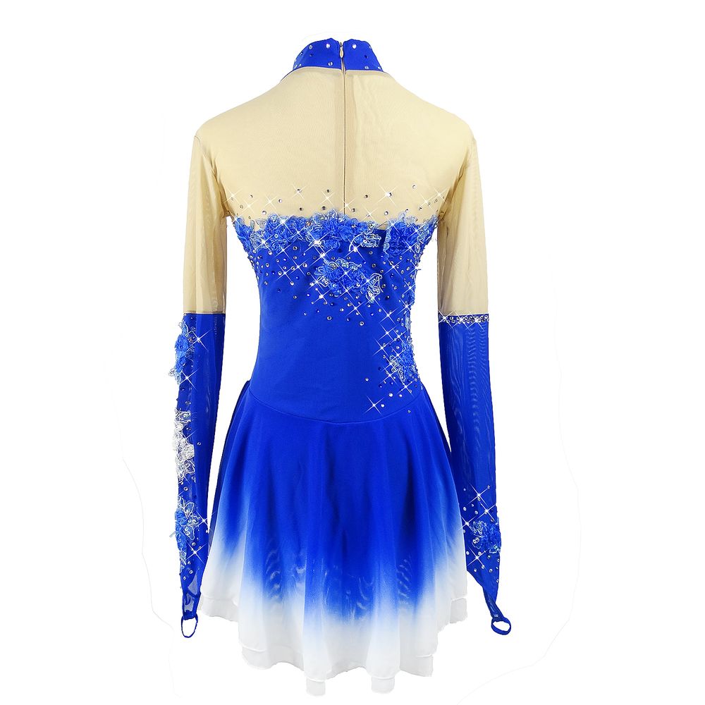 Figure Skating Dress Women's Girls' Ice Skating Skirt Blue Flowers Gradient Skirts High Elasticity Training Competition Skating Wear Multi Color Crystal / Rhinestone Long Sleeve Ice / Kids