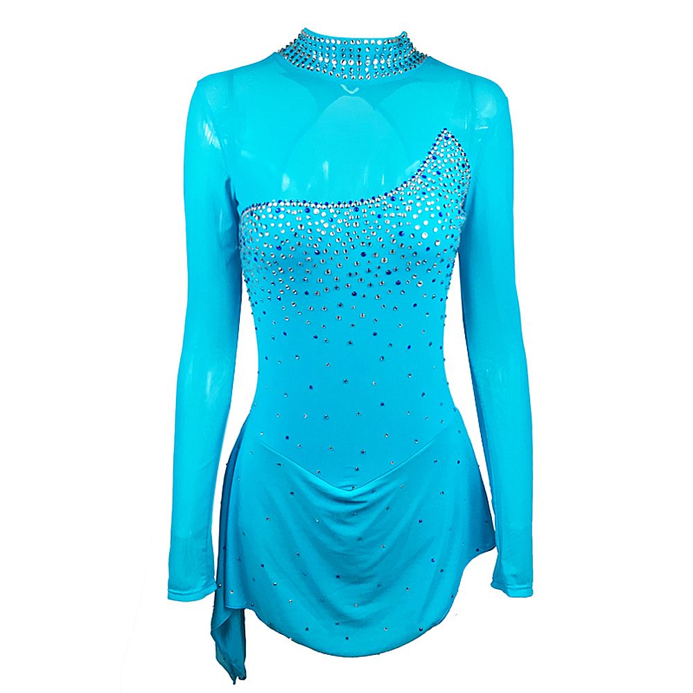 LIUHUO Ice Figure Skating Dance Dress Women's Blue Folded Fashion Training Competition Skating Wear Handmade Crystal / Rhinestone Solid Color Long Sleeve Ice Skating Costumes