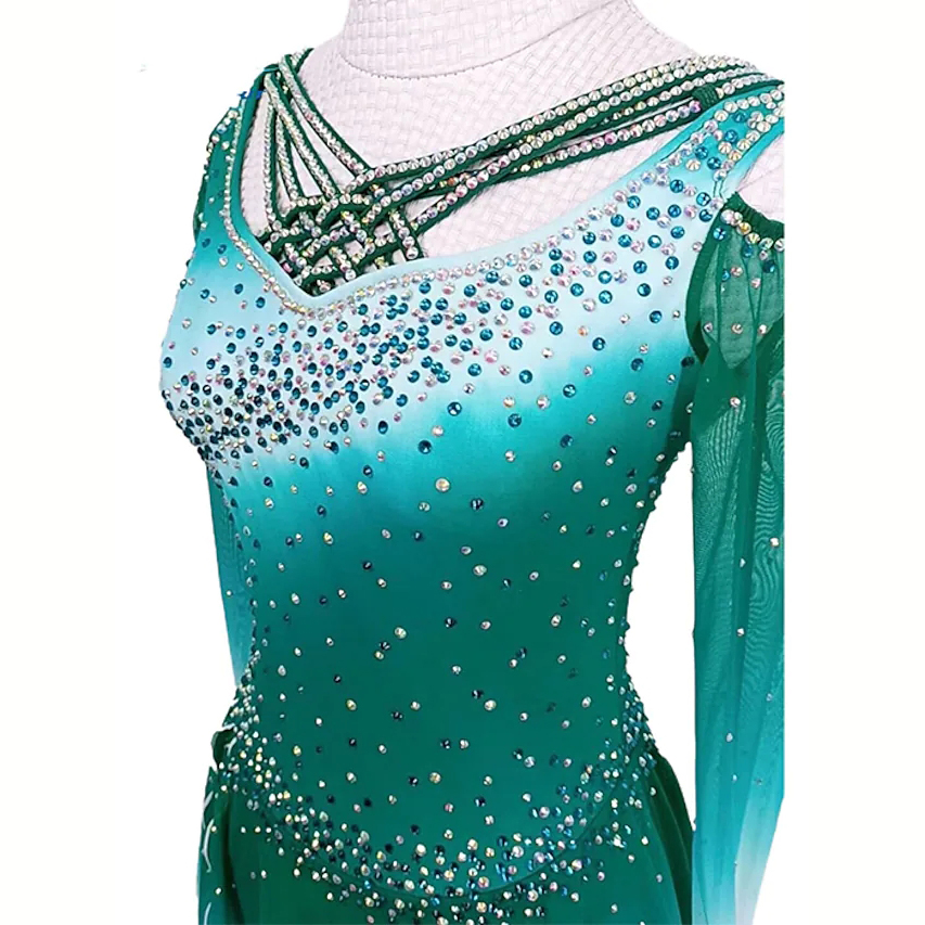 Handmade Figure Skating Dress Women's Girls' Ice Skating Dress Green Spandex High Elasticity Practice Competition Skating Wear Crystal / Rhinestone Long Sleeve Ice Skating Winter