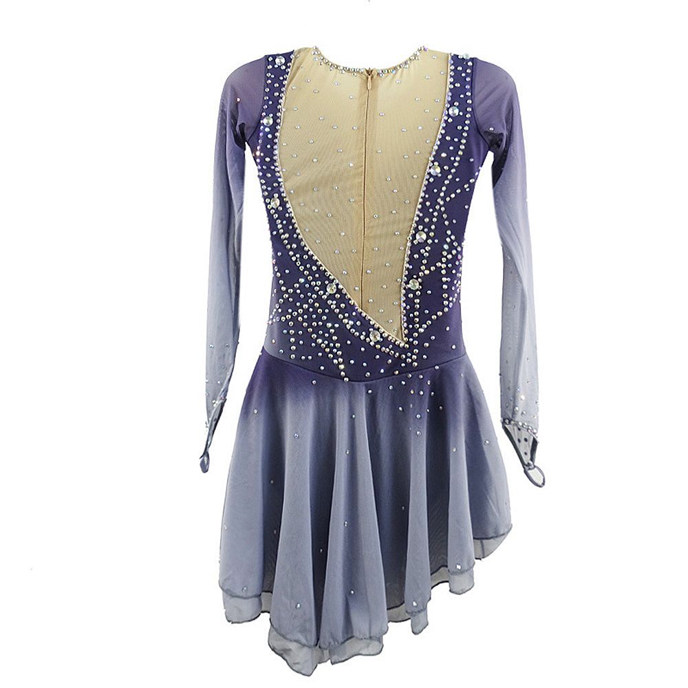 Figure Skating Dress Women's Girls' Ice Skating Dress Grey Back Cross Spandex High Elasticity Training Competition Skating Wear Handmade Crystal / Rhinestone Gradient Color Long Sleeve Ice Skating