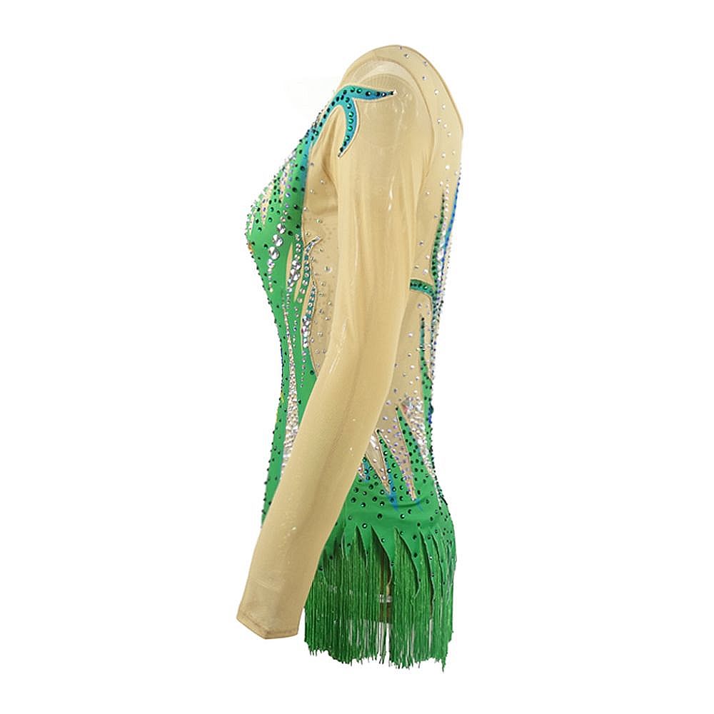 Women's Girls' Rhythmic Gymnastics Leotards Artistic Gymnastics Leotards Jeweled Green Spandex Dance Rhythmic Gymnastics Artistic Gymnastics Leotard Sleeveless Sport Activewear Handmade