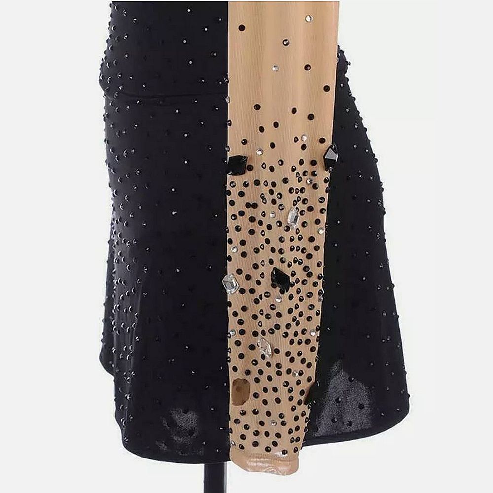 Women Girls Ice Figure Skating Dress White Black Stretchy Mesh High Elasticity Dance Competition Skating Wear Handmade Crystal / Rhinestone Solid Color Long Sleeve Ice Skating