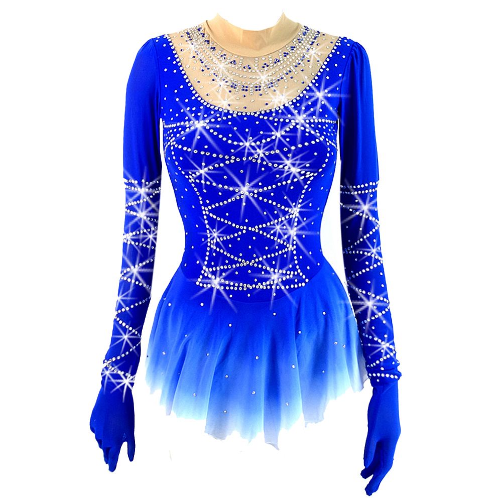 Ice Figure Skating Dress Children's Ice Skating Dress Navy Blue Gradient Competition Skating Wear Breathable Solid Colored Long Sleeve Skating