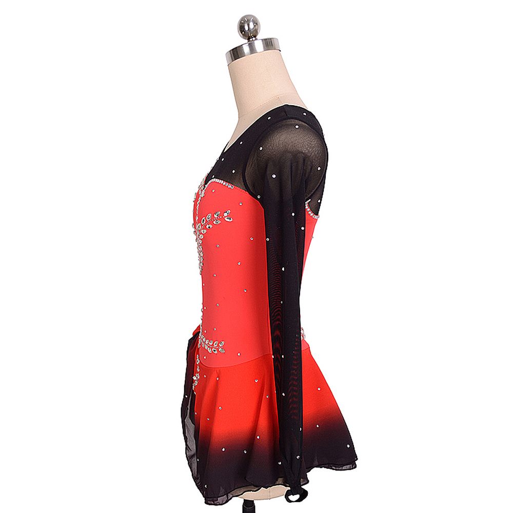 Women Girls Ice Figure Skating Dress Red Stretchy Mesh High Elasticity Training Competition Skating Wear Handmade Crystal / Rhinestone Solid Color Long Sleeve Ice Skating