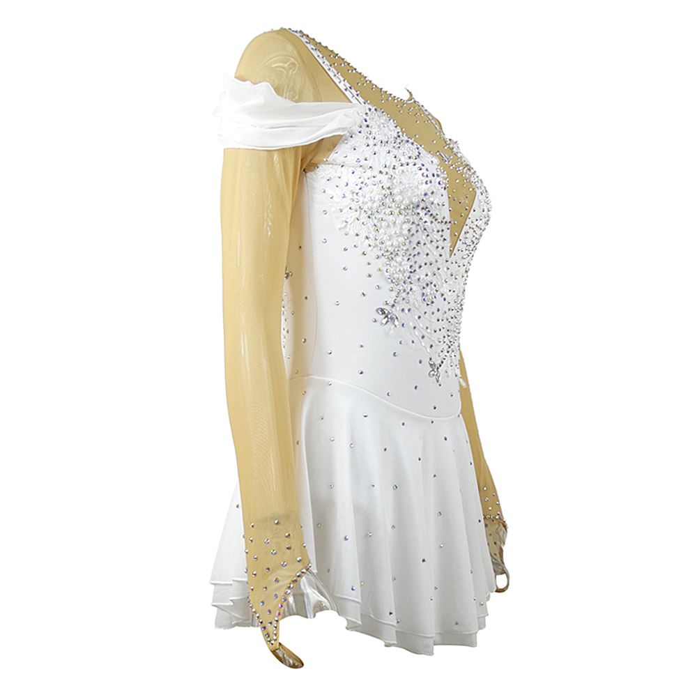 Girls Ice Figure Skating Dress Women's White Pearls Diamonds High Elasticity Training Competition Skating Wear Handmade Crystal / Rhinestone Gradient Color Long Sleeve Ice Skating