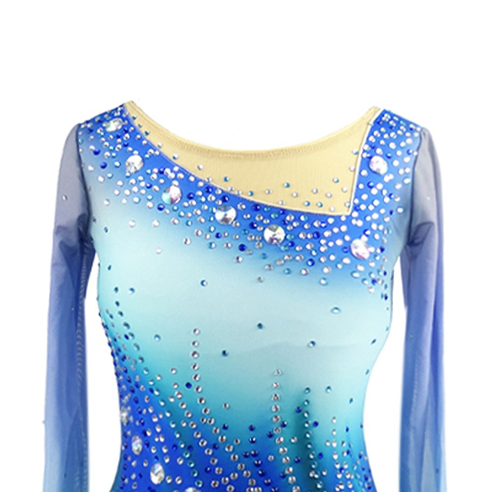 Figure Skating Dress Women's Girls' Ice Skating Dress Blue Patchwork Asymmetric Hem Spandex High Elasticity Training Competition Skating Wear Handmade Crystal / Rhinestone Long Sleeve Ice Skating