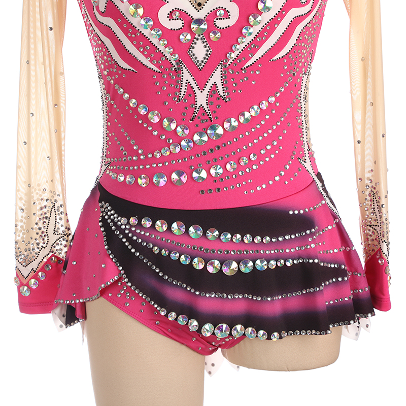 Ice Figure Skating Dress Women Girls Stretchy Pink Spandex High Elasticity Competition Skating Wear Handmade Crystal/Rhinestone Solid Color Long Sleeve Ice Skating