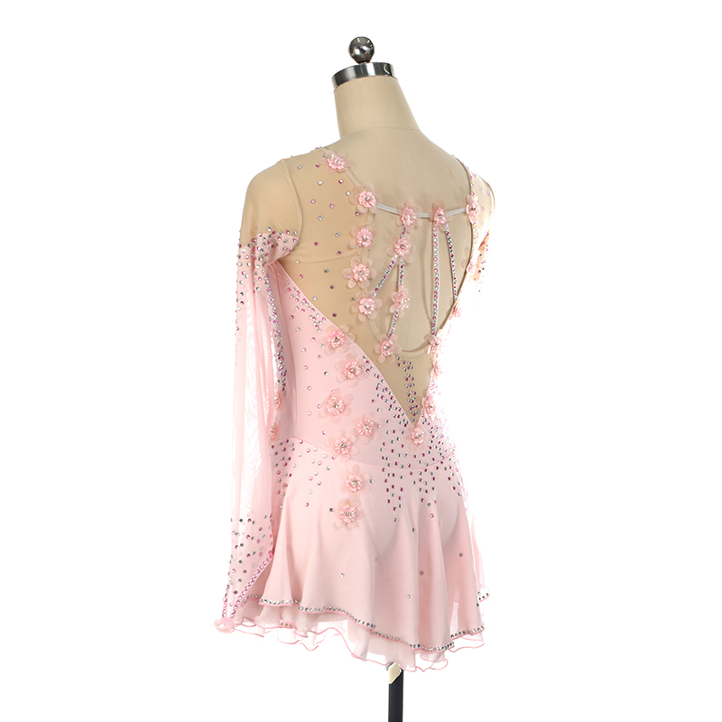 Figure Skating Dress Women Girls Stretchy Pink Spandex High Elasticity Competition Skating Wear Handmade Crystal/Rhinestone Solid Color Long Sleeve Ice Skating