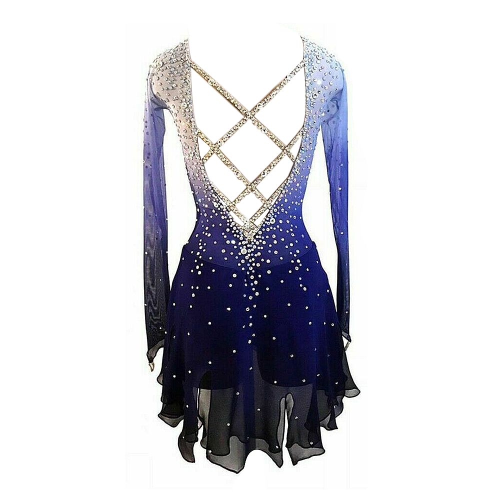 Figure Skating Dress Women's Girls' Ice Skating Skirt Dress Gradient Asymmetric Hem Spandex High Elasticity Training Competition Skating Wear Multi Color Crystal / Rhinestone Long Sleeve Ice / Kids