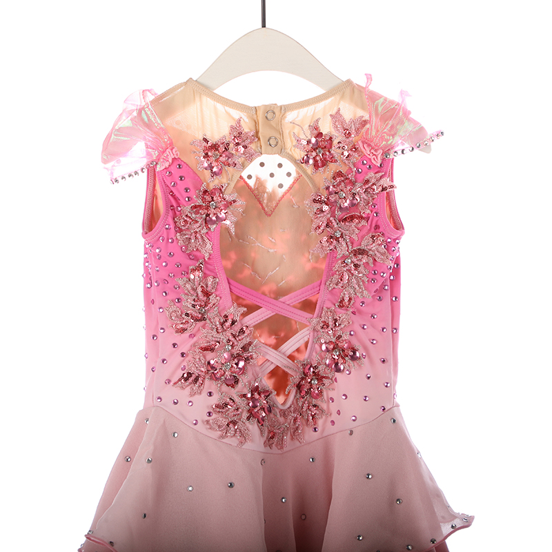 Women Girls Ice Figure Skating Dress Pink Gradient Stretchy Mesh High Elasticity Training Competition Skating Wear Handmade Crystal / Rhinestone Solid Color Long Sleeve Ice Skating