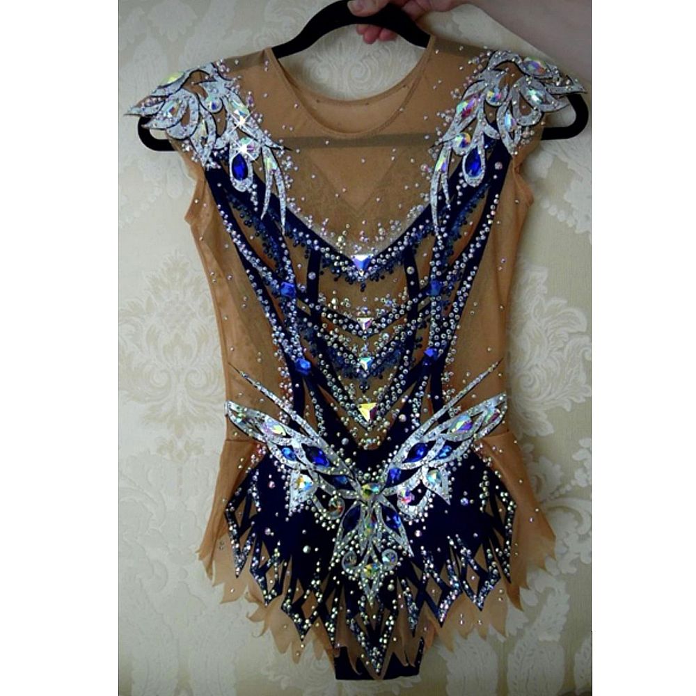 LIUHUO Rhythmic Gymnastics Leotards Girls Handmade Sleeveless Competition Dance Gymnastics Artistic Gymnastics Blue