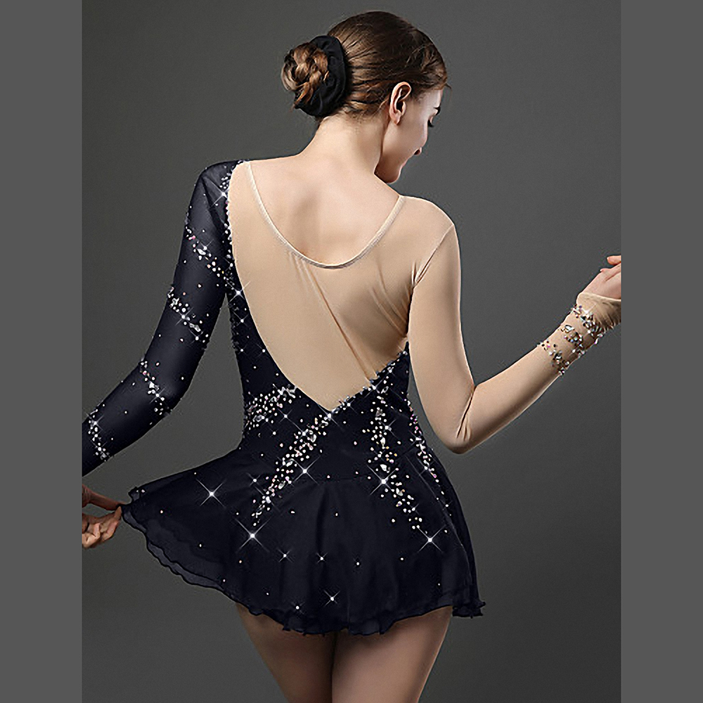Handmade Figure Skating Dress Women's Girls' Ice Skating Dress Black Pink Yellow Blue Purple Spandex High Elasticity Practice Competition Skating Wear Crystal / Rhinestone Long Sleeve Ice Skating Winter