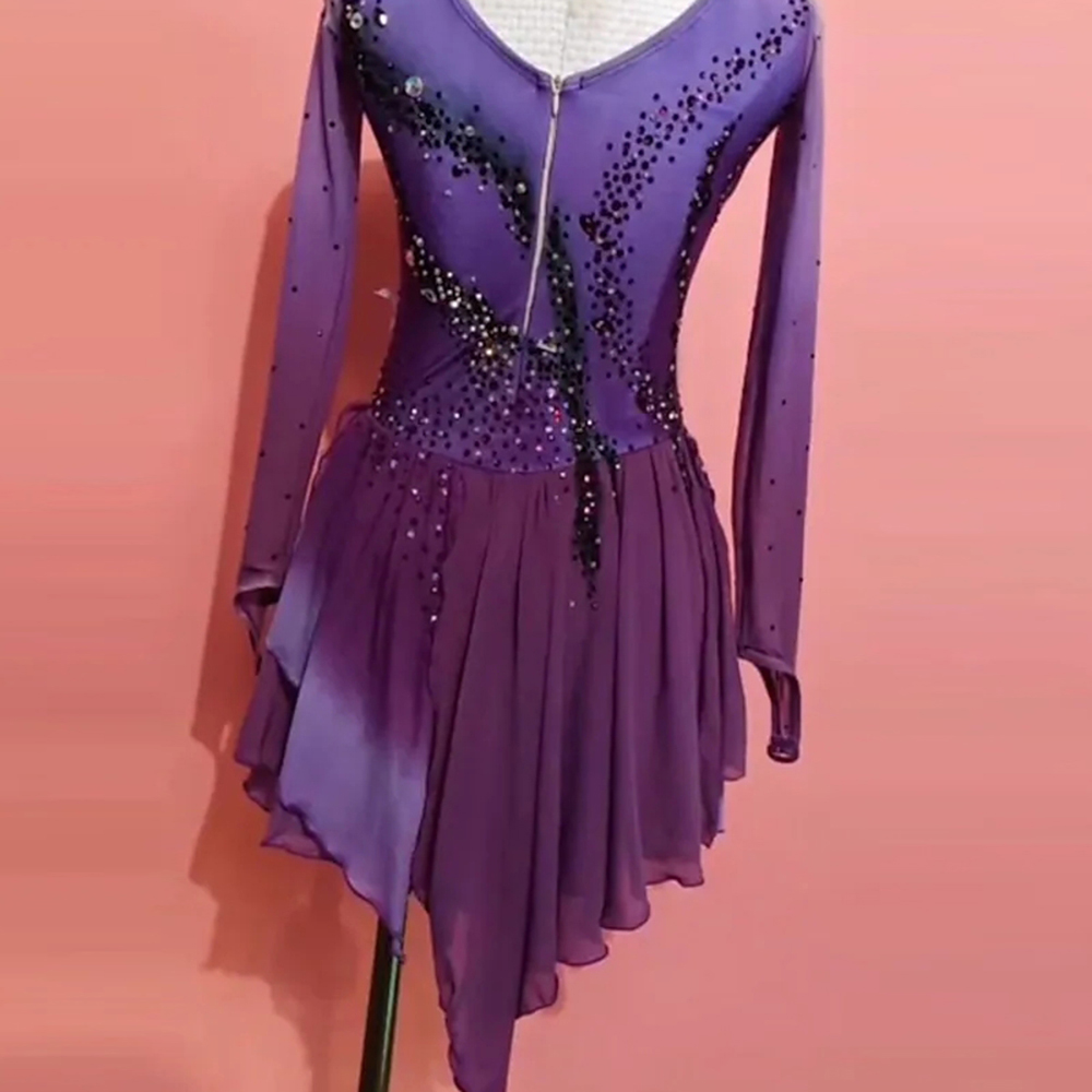 Handmade Figure Skating Dress Women's Girls' Ice Skating Dress Purple Spandex High Elasticity Practice Competition Skating Wear Crystal / Rhinestone Long Sleeve Ice Skating Winter