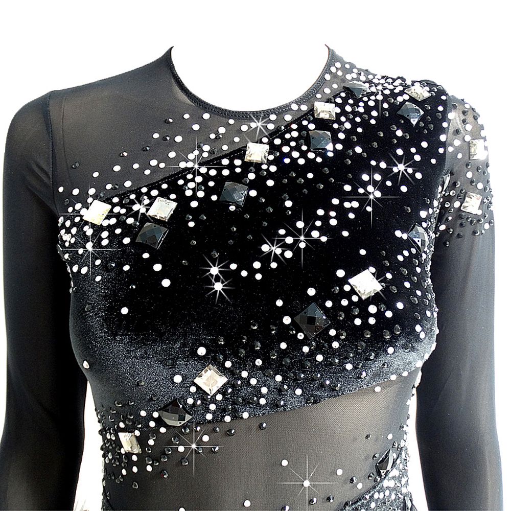 Women Girls Ice Figure Skating Dress Black Velvet Stretchy Mesh High Elasticity Training Competition Skating Wear Handmade Crystal / Rhinestone Solid Color Long Sleeve Ice Skating