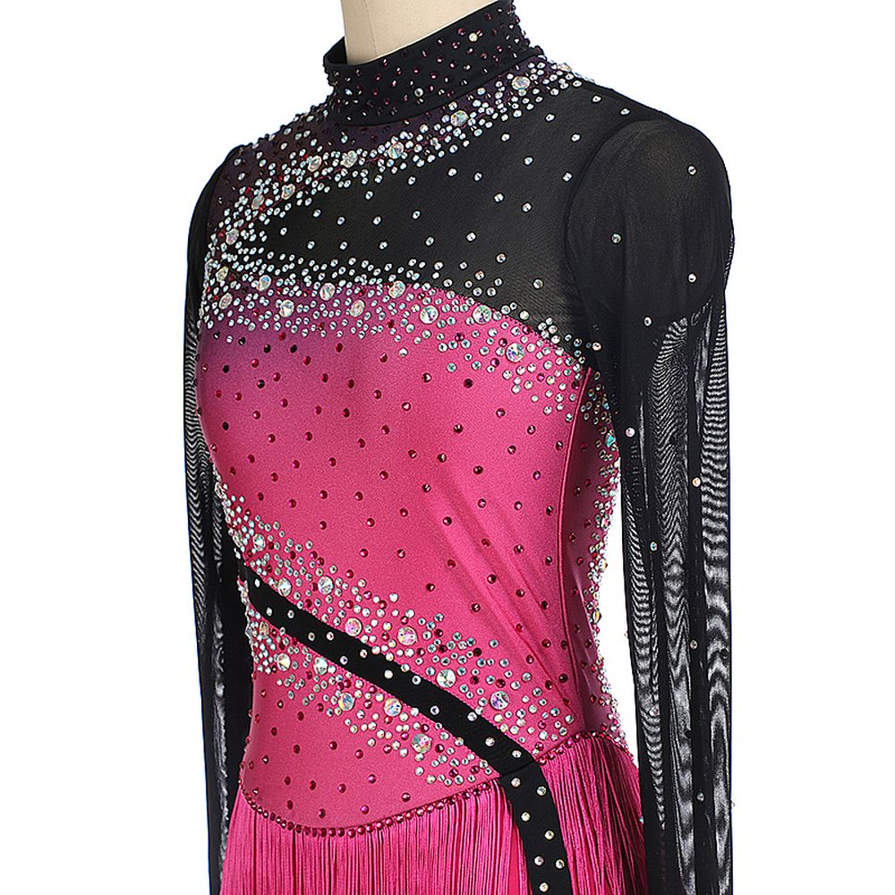 Women Girls Ice Figure Skating Dress Pink- Black Stretchy Mesh High Elasticity Training Competition Skating Wear Handmade Crystal / Rhinestone Solid Color Long Sleeve Ice Skating