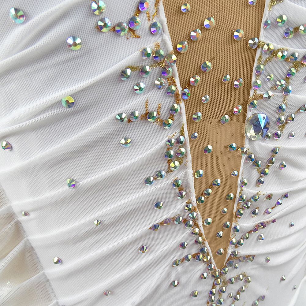 LIUHUO Ice Figure Skating Dance Dress Women's White Folded Fabric Fashion Training Competition Skating Wear Handmade Crystal / Rhinestone Solid Color Long Sleeve Ice Skating Costumes