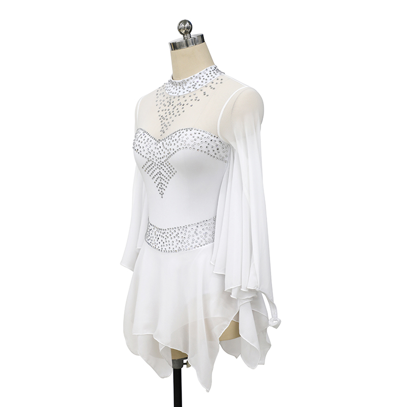 LIUHUO Handmade Figure Skating Dress Women's Girls' Ice Skating Dress White Mesh Spandex High Elasticity Practice Competition Skating Wear Crystal / Rhinestone Long Sleeve Ice Skating Winter