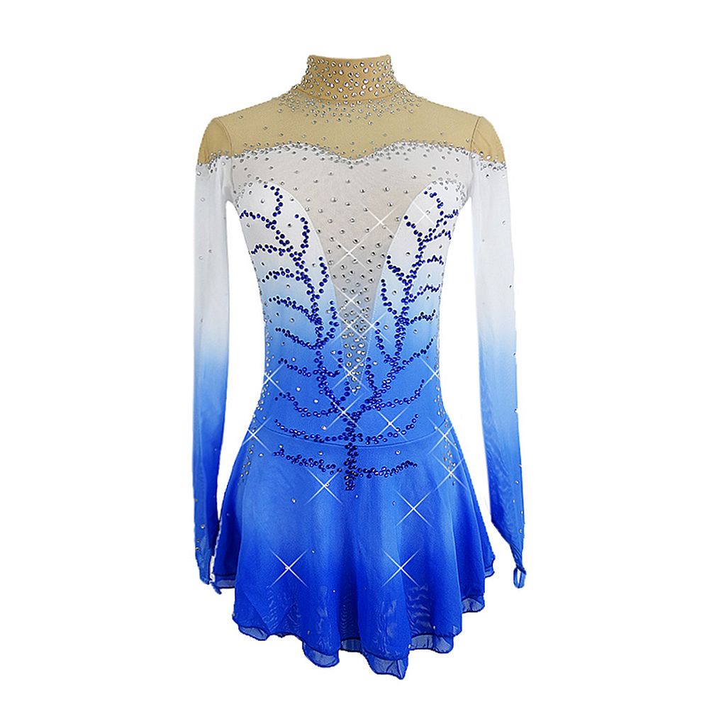 Ice Figure Skating Dress Children's Ice Skating Dress Blue Gradient Competition Skating Wear Breathable Solid Colored Long Sleeve Skating