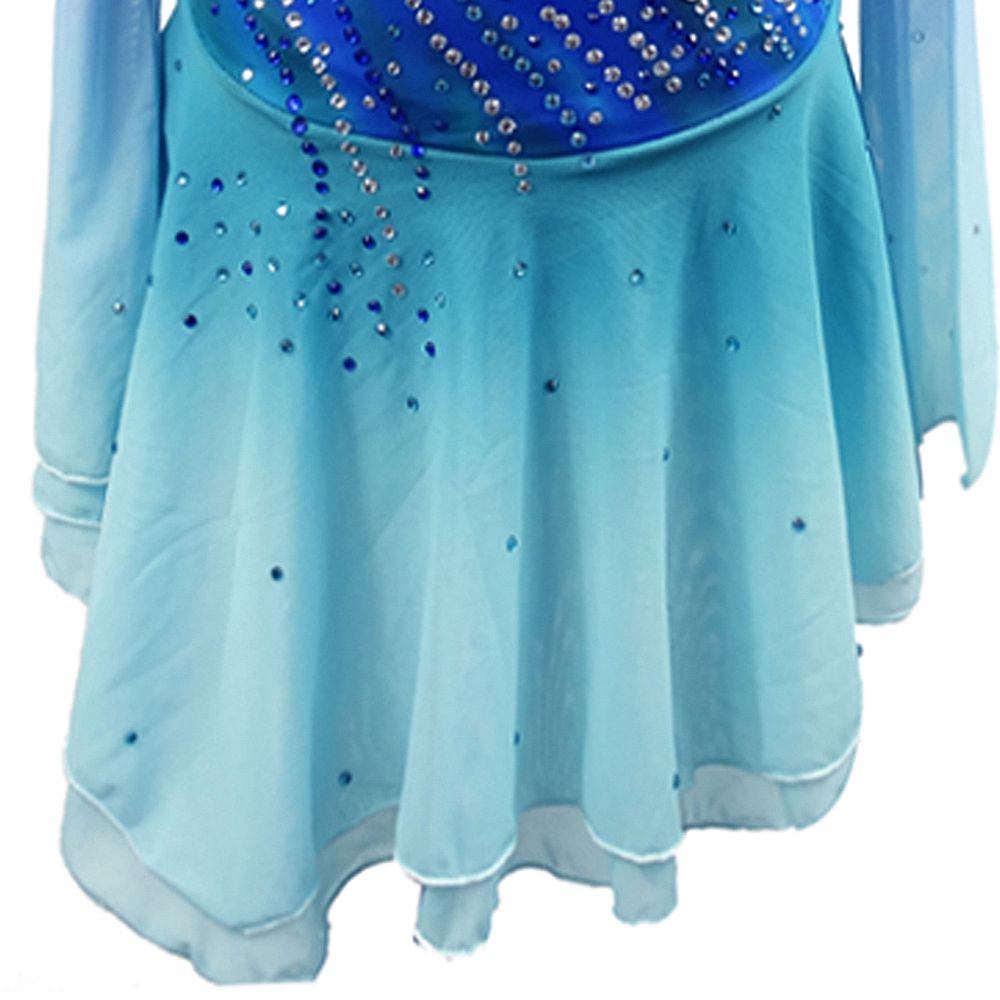 Figure Skating Dress Women's Girls' Ice Skating Dress Blue Patchwork Asymmetric Hem Spandex High Elasticity Training Competition Skating Wear Handmade Crystal / Rhinestone Long Sleeve Ice Skating