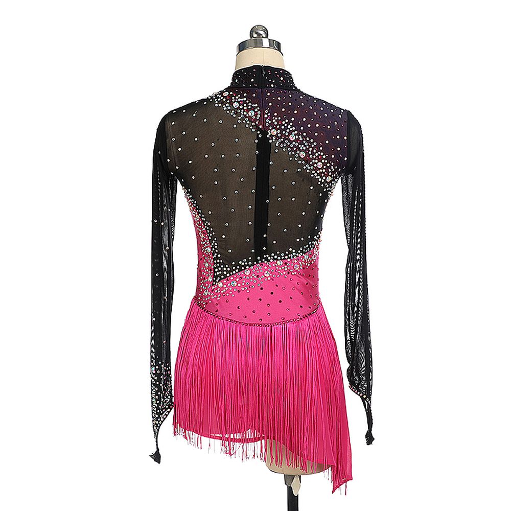 Women Girls Ice Figure Skating Dress Pink- Black Stretchy Mesh High Elasticity Training Competition Skating Wear Handmade Crystal / Rhinestone Solid Color Long Sleeve Ice Skating