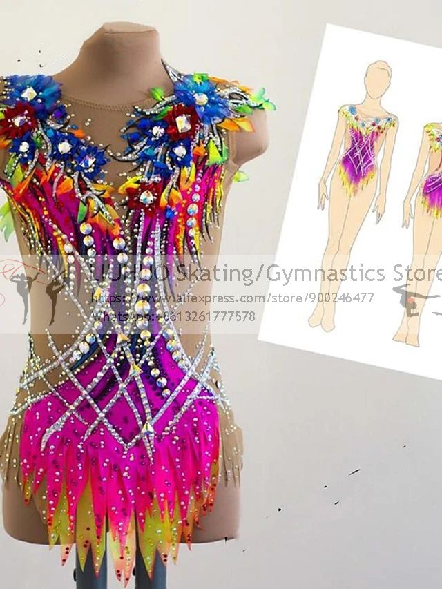 LIUHUO Figure Dress Girls'  Women Rhythmic Gymnastics Leotards Spandex Rhinestone Performance Wear for Competition Dance Dress