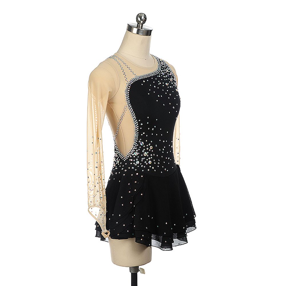 LIUHUO Women Girls Ice Figure Skating Dress White Black Stretchy Mesh High Elasticity Dance Competition Skating Wear Handmade Crystal / Rhinestone Solid Color Long Sleeve Ice Skating