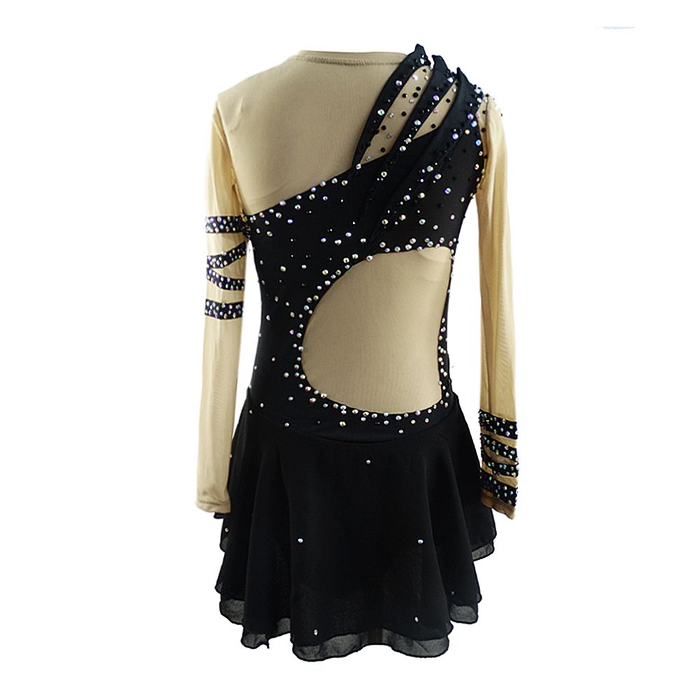 Women Girls Ice Figure Skating Dress Black Spandex Stretchy Mesh High Elasticity Training Competition Skating Wear Handmade Crystal / Rhinestone Solid Color Long Sleeve Ice Skating