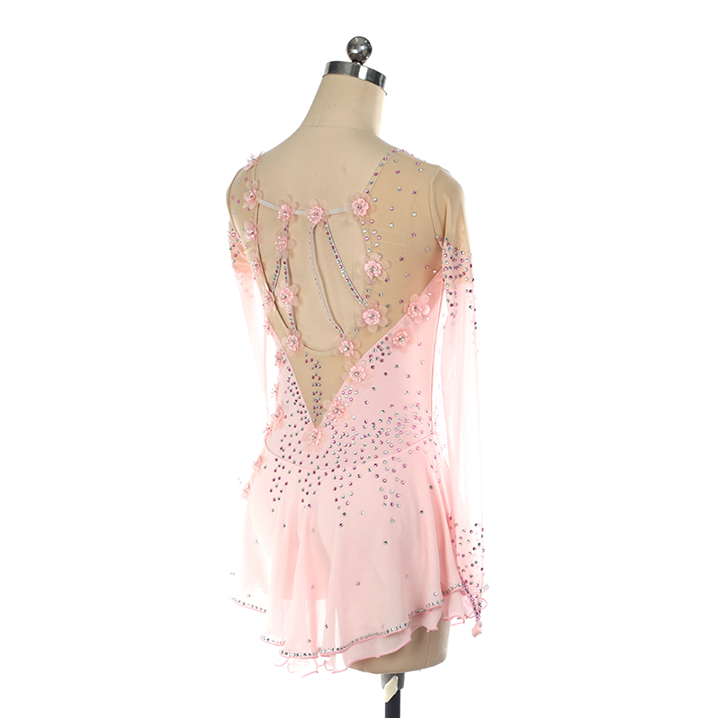 Figure Skating Dress Women Girls Stretchy Pink Spandex High Elasticity Competition Skating Wear Handmade Crystal/Rhinestone Solid Color Long Sleeve Ice Skating