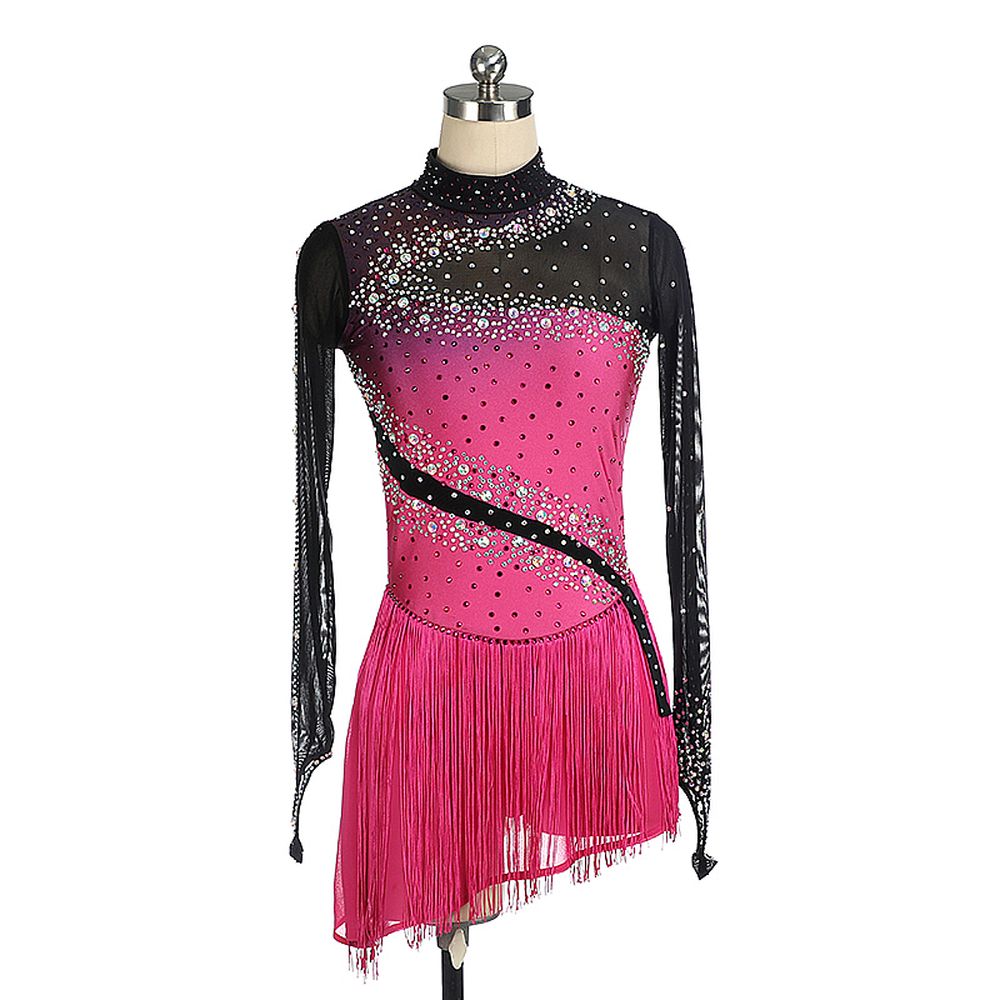 Women Girls Ice Figure Skating Dress Pink- Black Stretchy Mesh High Elasticity Training Competition Skating Wear Handmade Crystal / Rhinestone Solid Color Long Sleeve Ice Skating