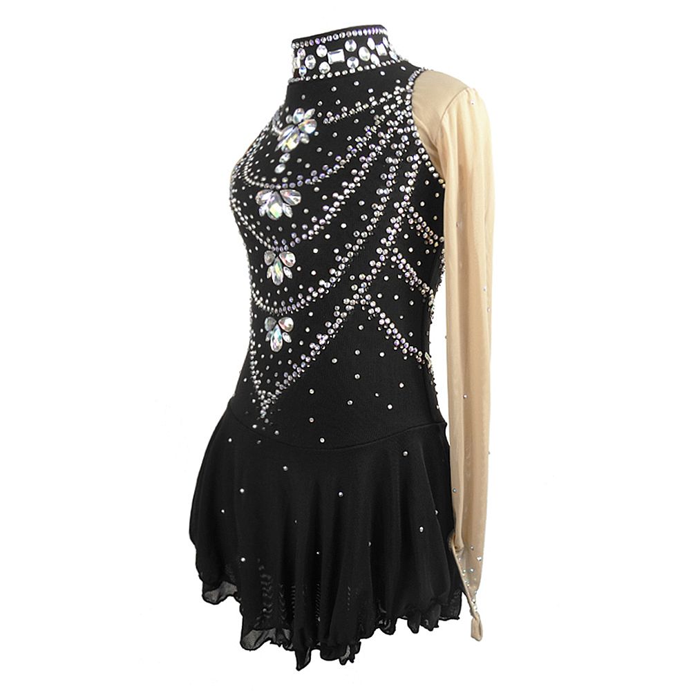 Girls Ice Figure Skating Dress Women's Black Gradient Spandex High Elasticity Training Competition Skating Wear Handmade Crystal / Rhinestone Solid Color Long Sleeve Ice Skating